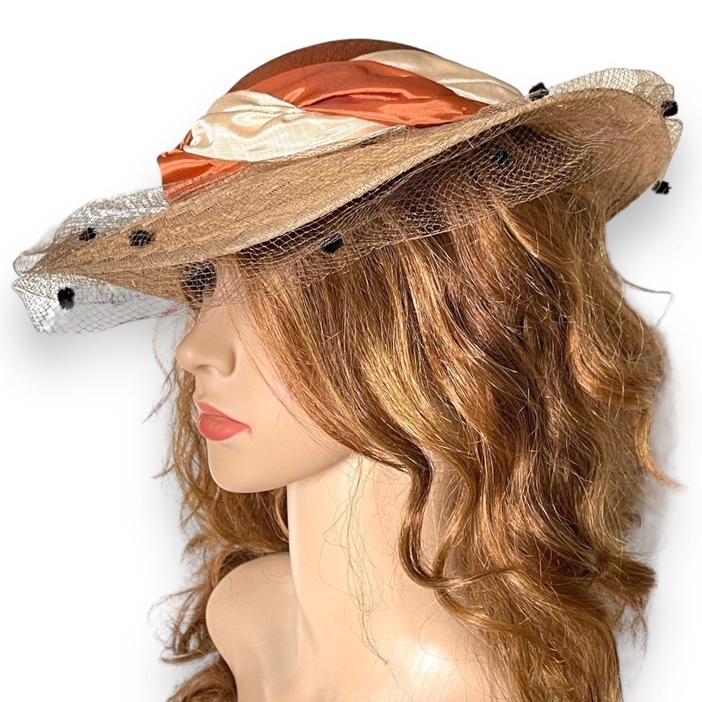 Whittall and Eric Javits Wide Brim Woven Straw With Netting Vintage 1980’s - Picture 5 of 16